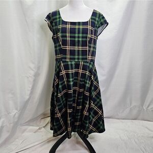 Pukavt Blue and Green Plaid Cap Sleeve Midi Dress Size 2XL